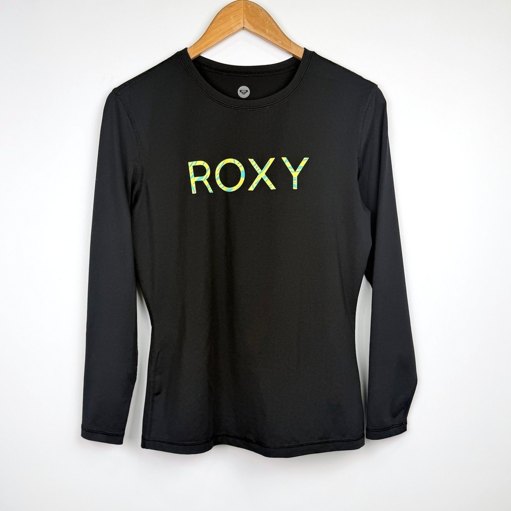 Roxy Rash Guard Women M Black Long Sleeve Logo Swim Shirt